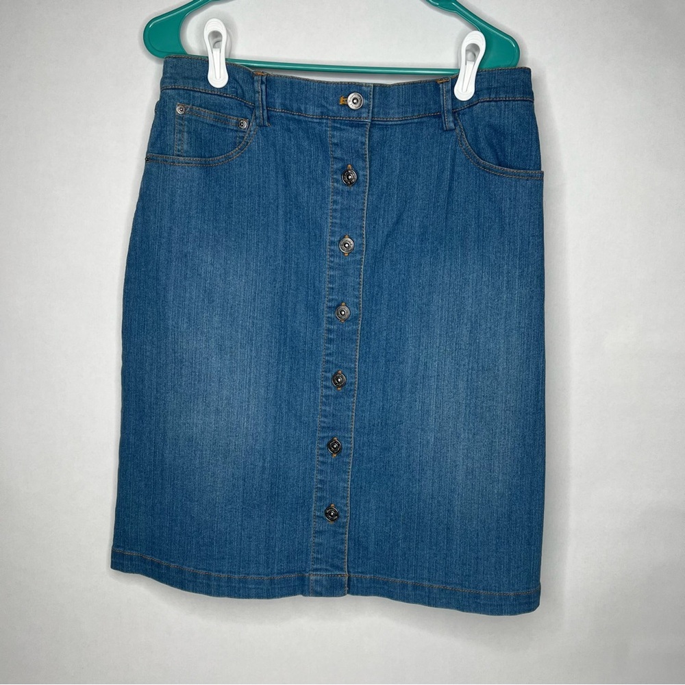 WINTERSILKS 5 POCKET MEDIUM WASH DENIM PULL ON SKIRT ‎ SIZE M BUTTONS Womens